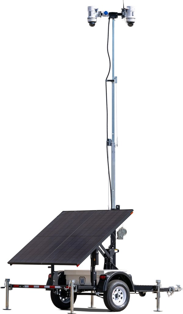 MMSS-730W Full-Size Command — solar-powered mobile surveillance trailer with 730W solar array